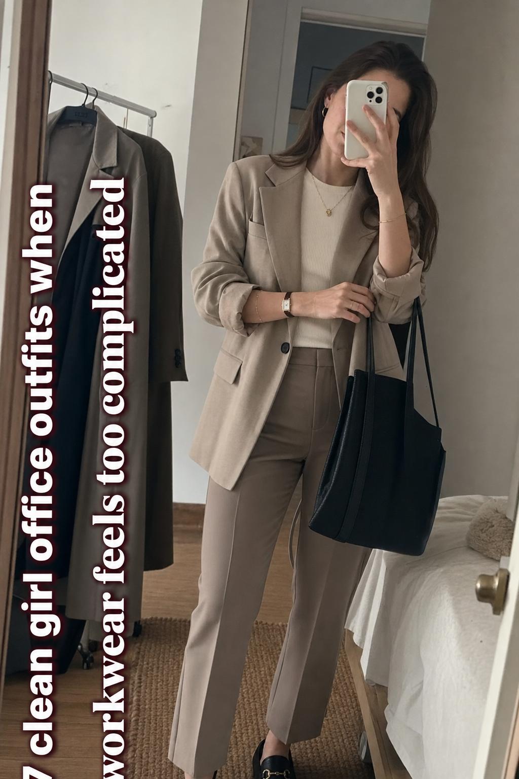 Mirror selfie in apartment hallway showing clean girl office outfits with beige blazer, cream knit top, taupe trousers and tote