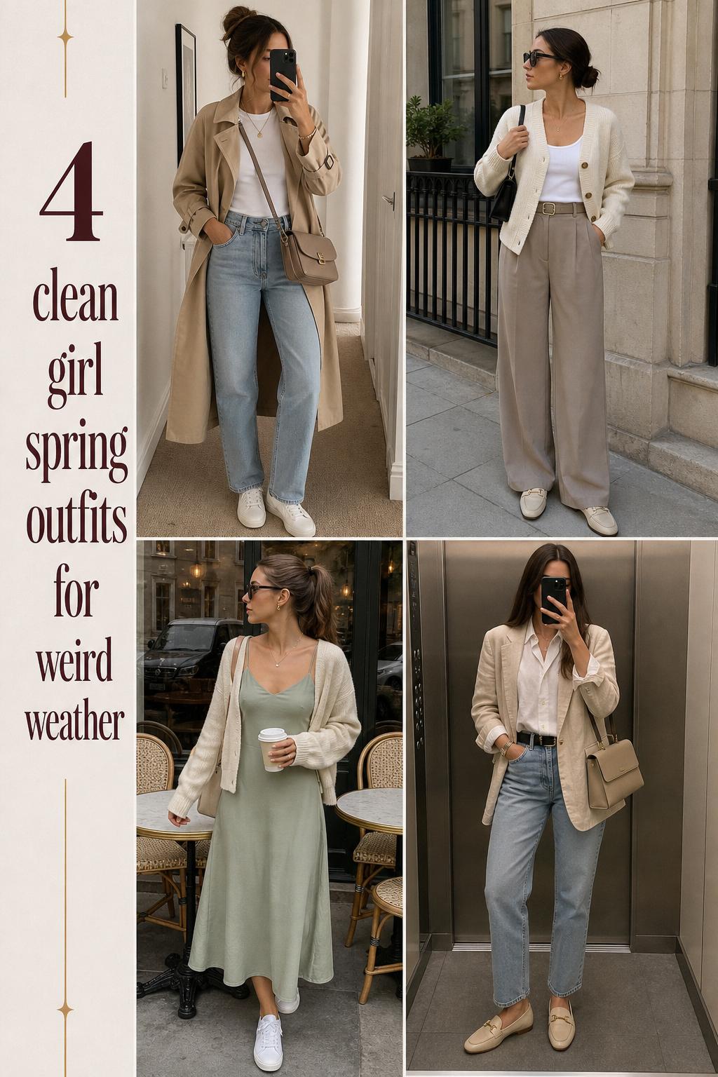 Clean girl spring outfits collage with 4 minimalist looks in neutral tones, trench, cardigan, midi dress, blazer