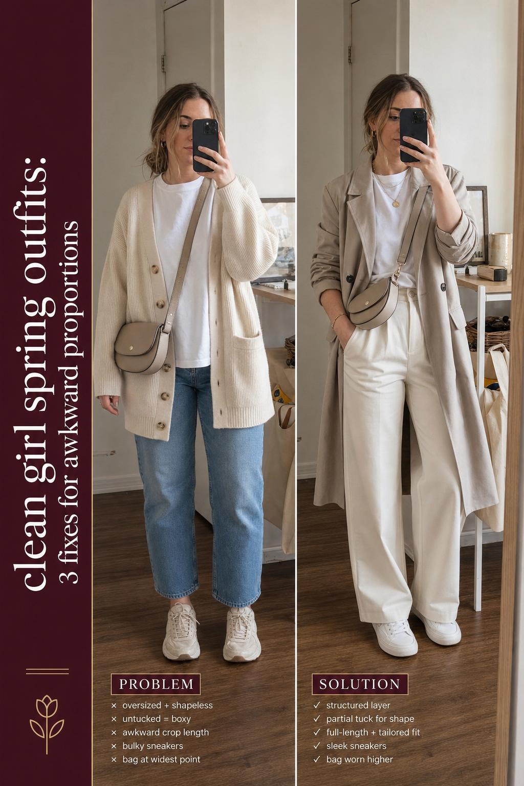 Clean girl spring outfits featuring a minimalist white blouse, light denim, and gold jewelry in soft daylight