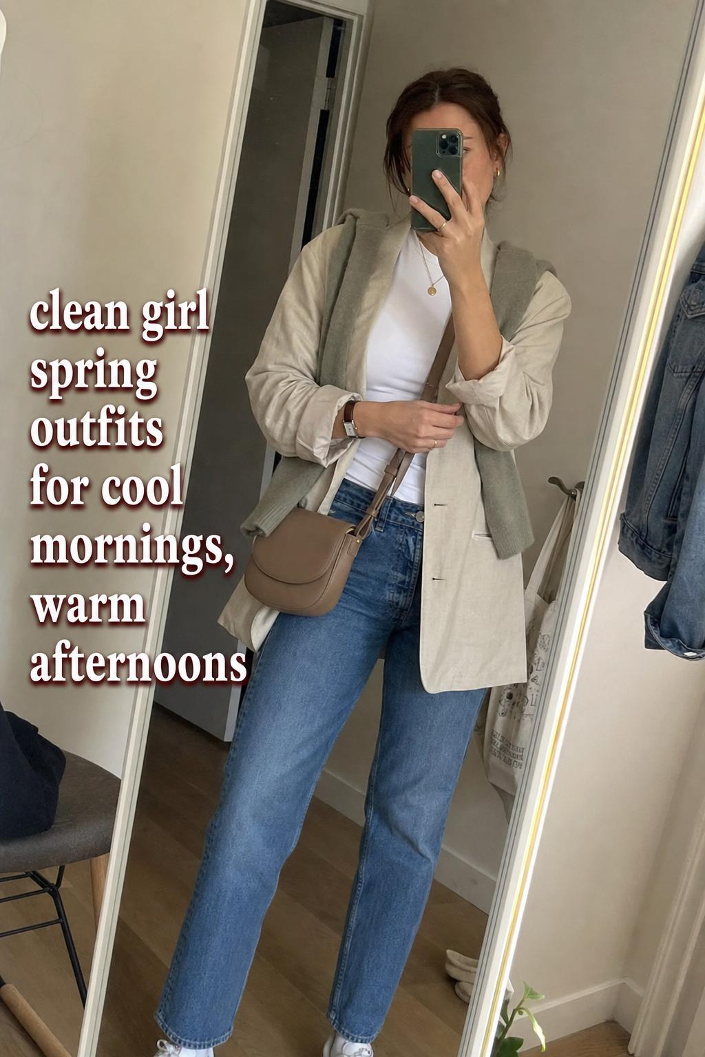 Clean girl spring outfits mirror selfie in an apartment hallway, white tee, beige blazer, jeans and sneakers with text overlay