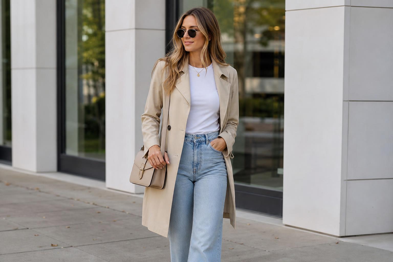 Clean girl spring outfits with neutral midi dress, white sneakers, and light cardigan for a polished everyday look