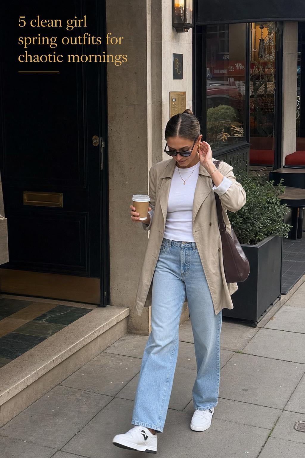 clean girl spring outfits on a city sidewalk: woman in white tee, beige trench, light jeans and sneakers, candid phone photo