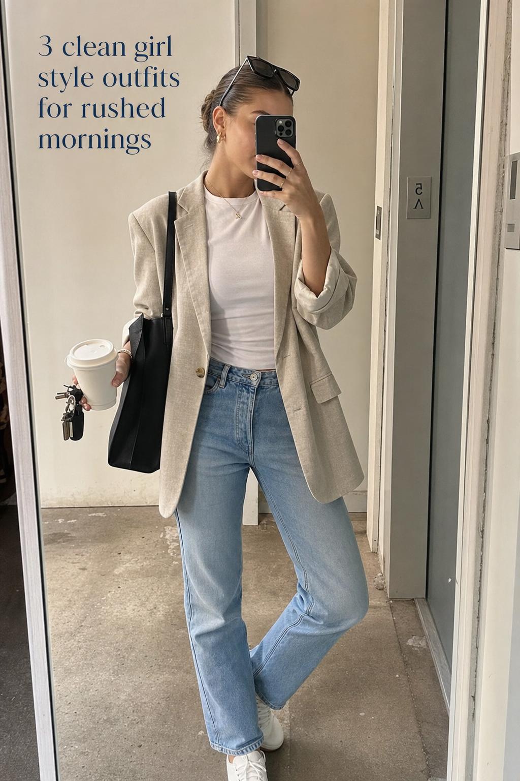 clean girl style outfits mirror selfie in apartment hallway with white tee, beige trousers, blazer, sneakers and gold jewelry