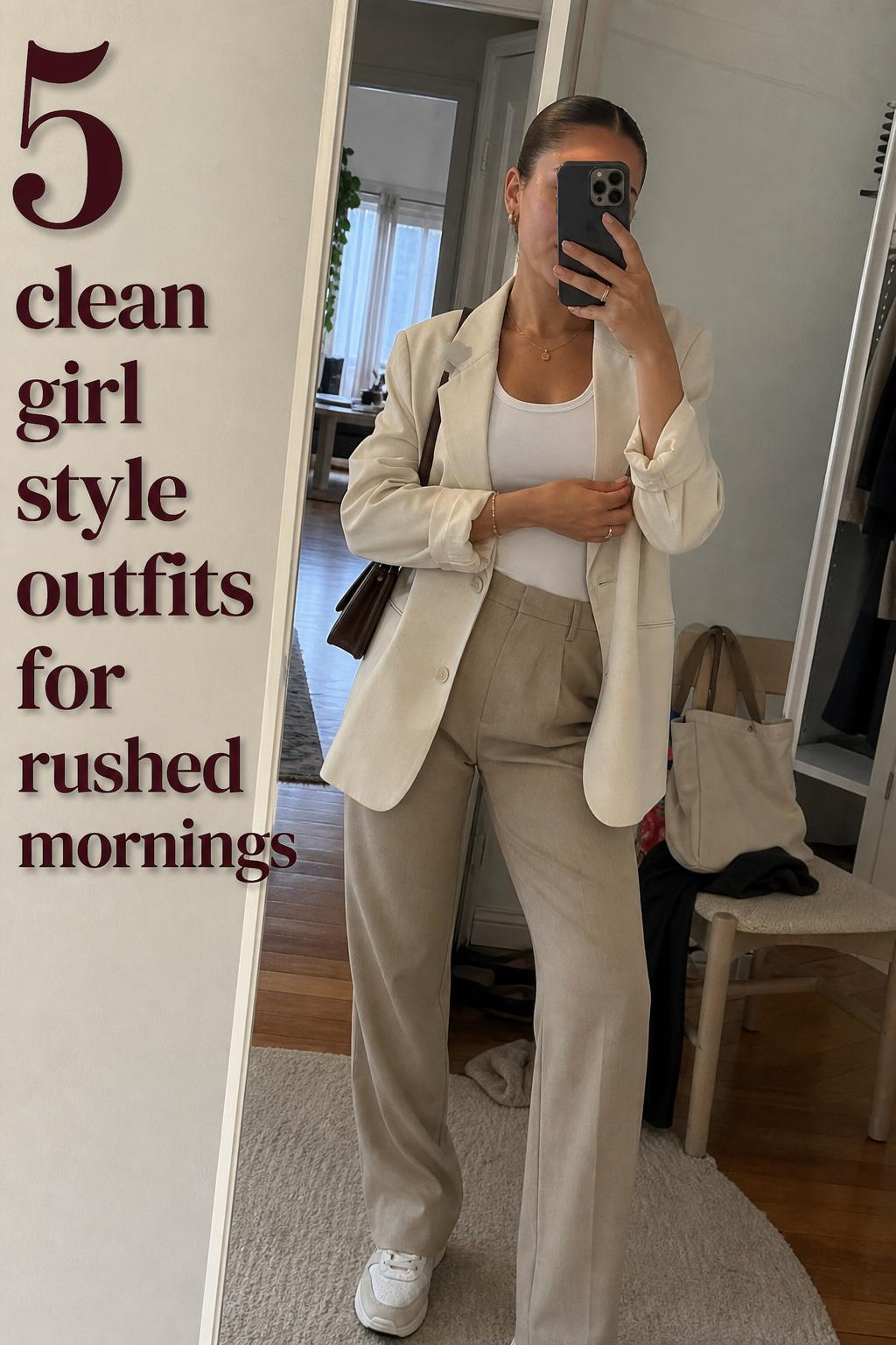 Mirror selfie in a lived-in apartment featuring clean girl style outfits with a white tank, beige trousers, and cream blazer