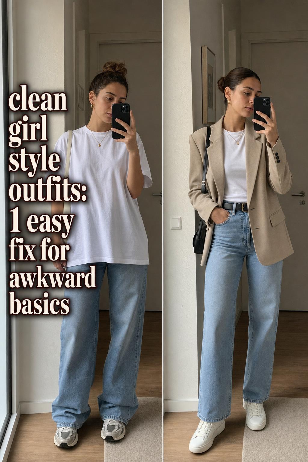 Clean girl style outfits with neutral tones, minimal accessories, and sleek hair in a bright modern setting