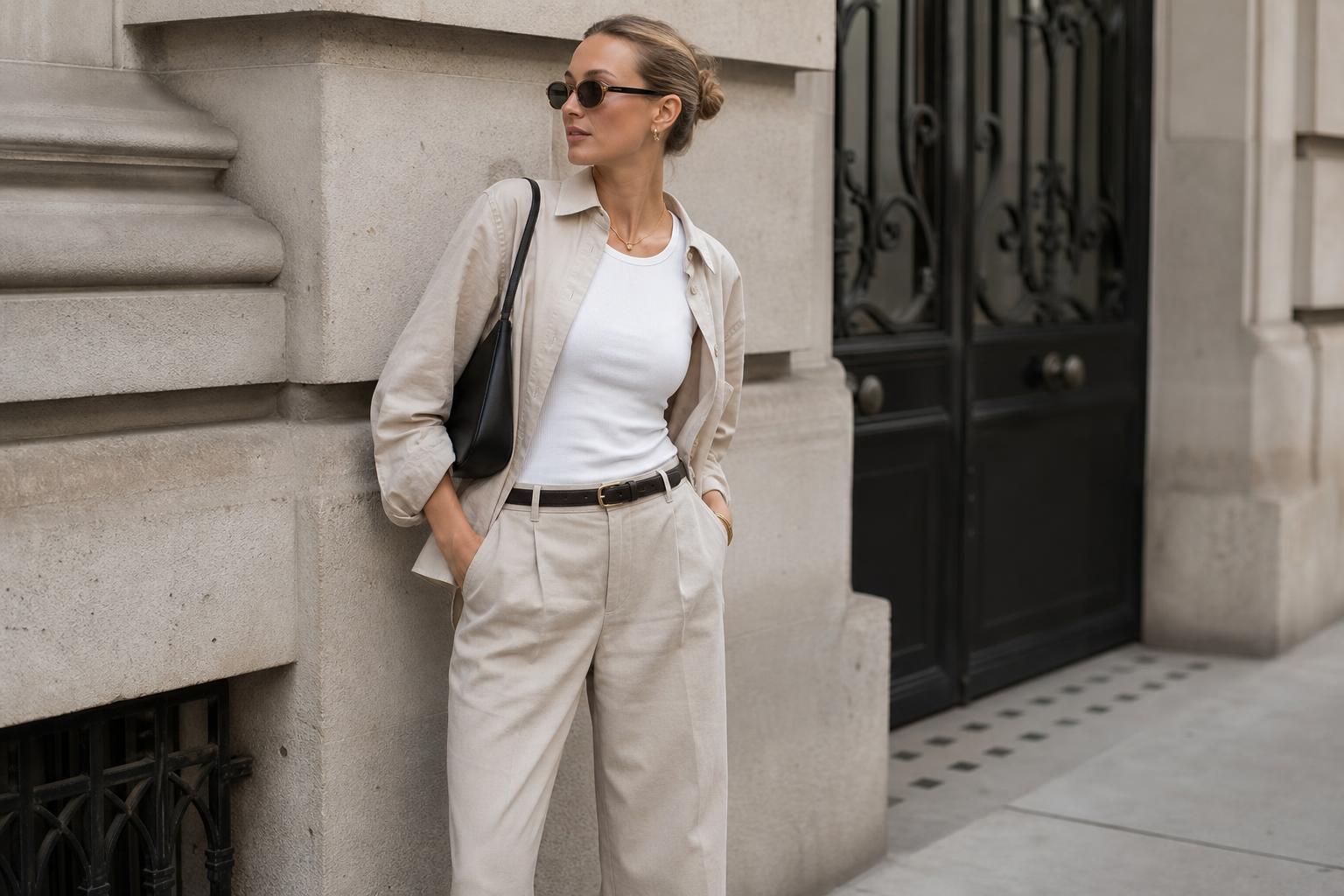 Clean girl style outfits with white tee, straight-leg denim, blazer, loafers, and minimal gold jewelry on a city street
