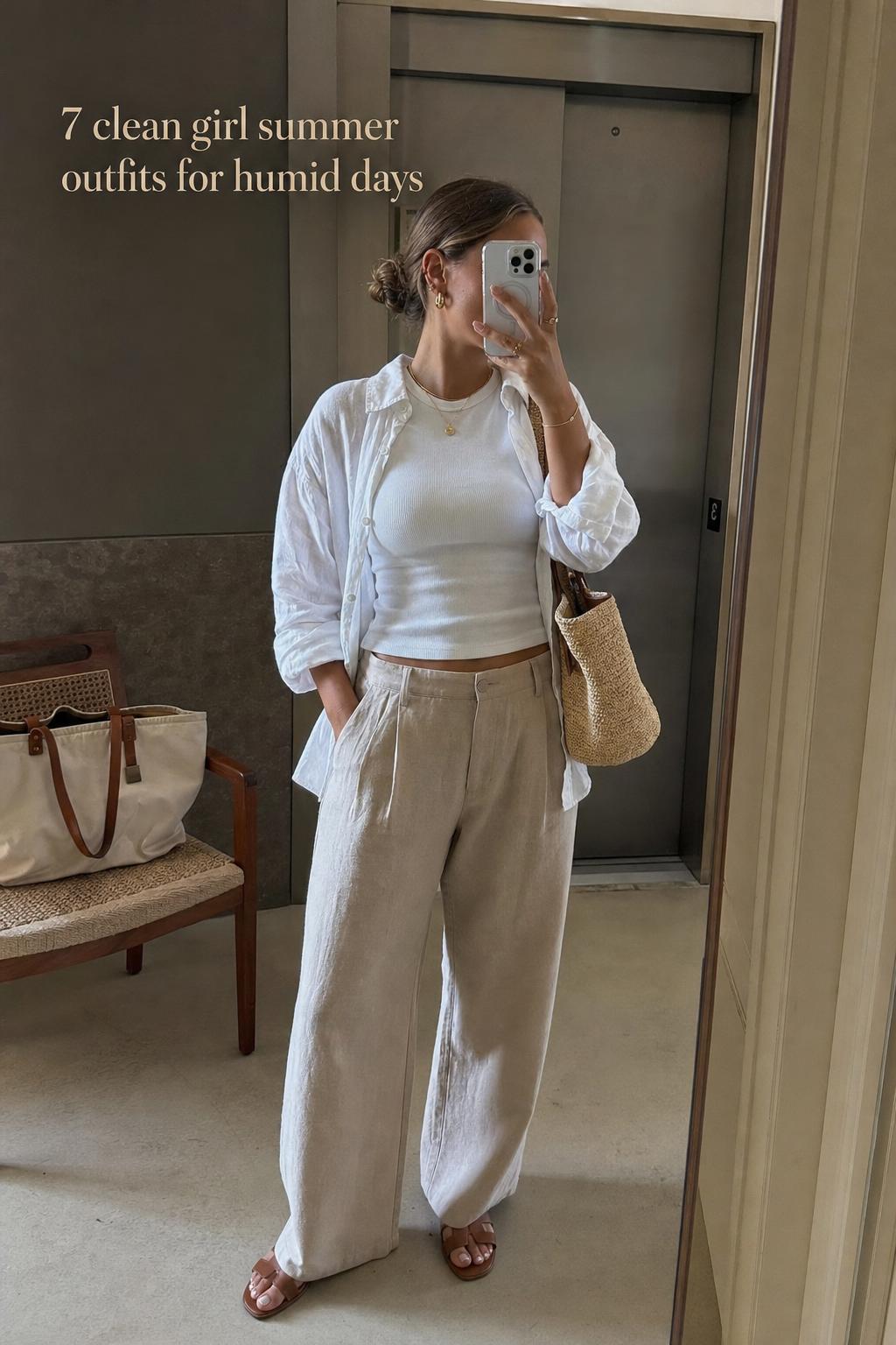 clean girl summer outfits mirror selfie in sunlit apartment hallway, white tank, beige shorts, open button-down and sandals