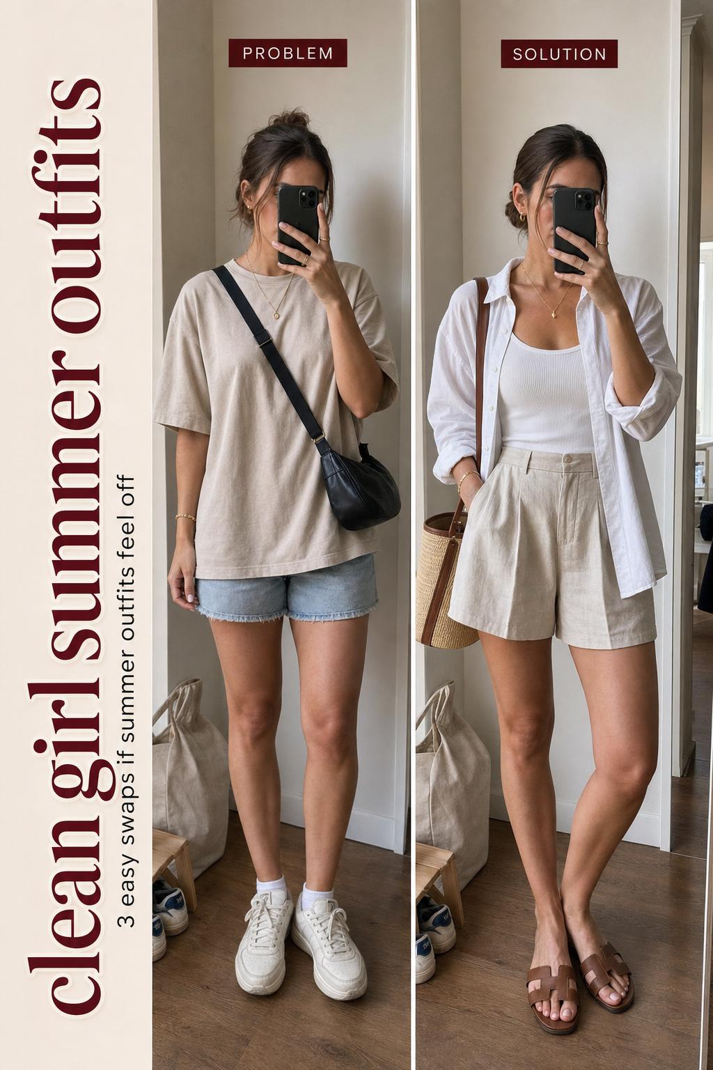Clean girl summer outfits featuring a minimalist white tank, linen shorts, and sandals in bright natural light.