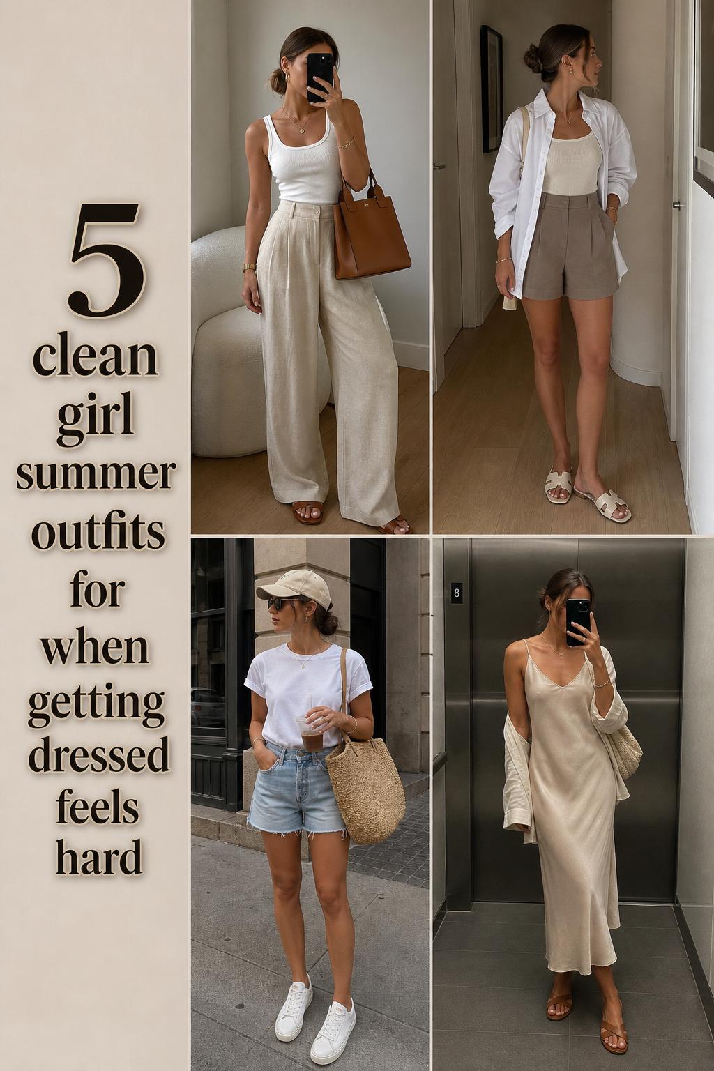 Clean girl summer outfits collage with four neutral looks, linen trousers, button-down, denim shorts, and slip dress.