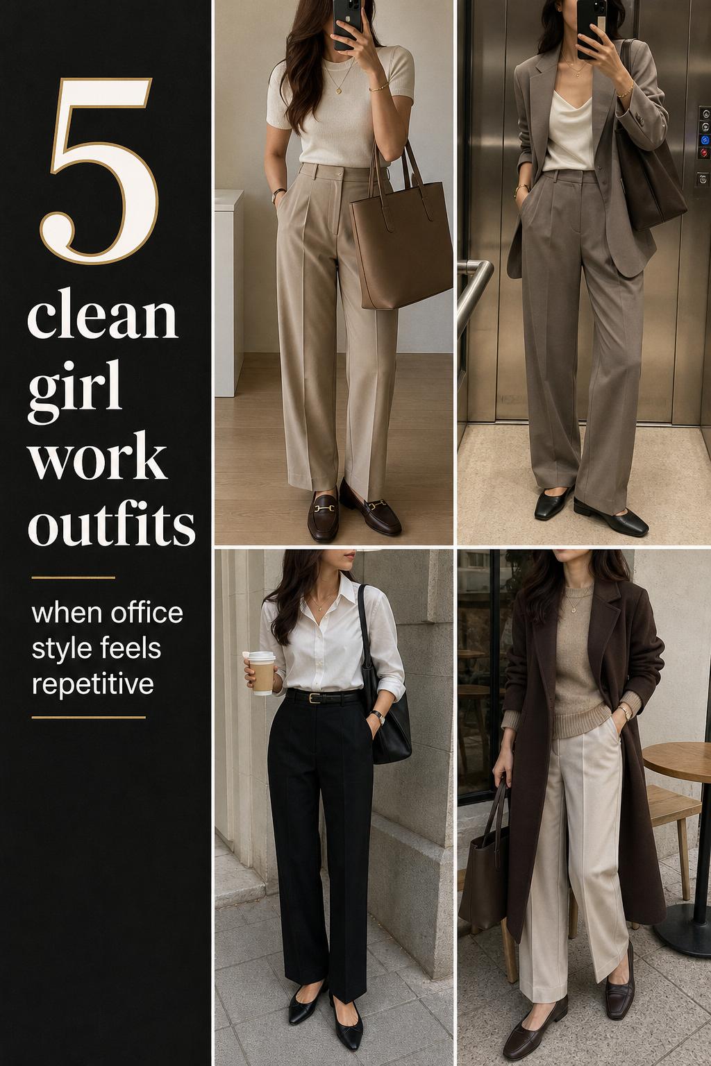 Clean girl work outfits grid featuring four office-ready neutral looks with trousers, blazers, loafers, and totes