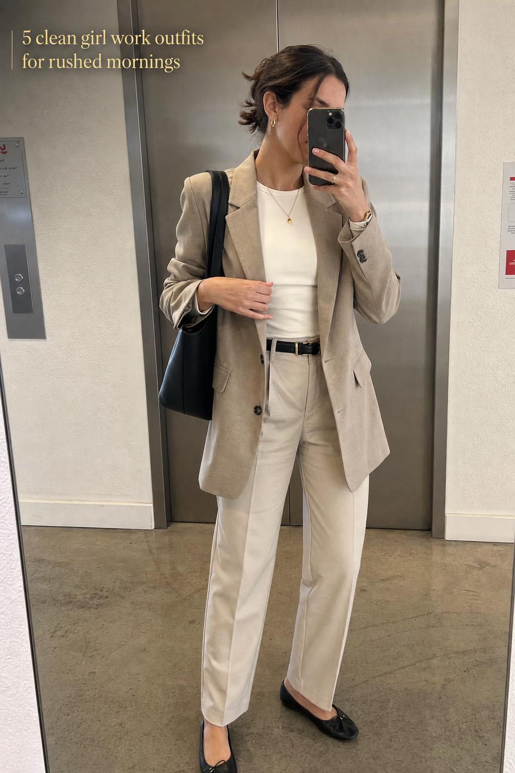 Mirror selfie of beige blazer and trousers office look, clean girl work outfits for a rushed morning commute