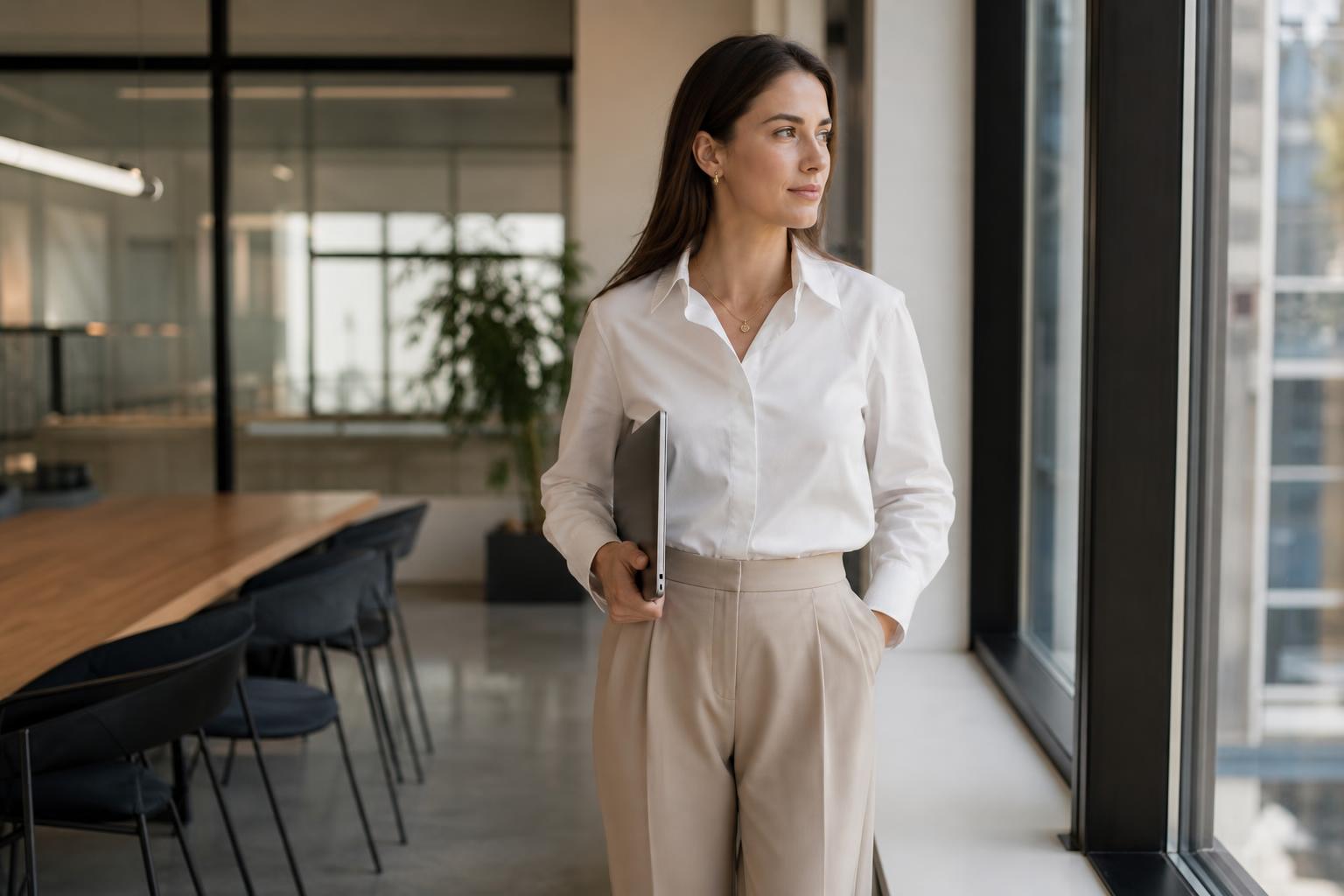 Clean girl work outfits with cream trousers, fitted knit top, loafers and a structured tote in a modern office