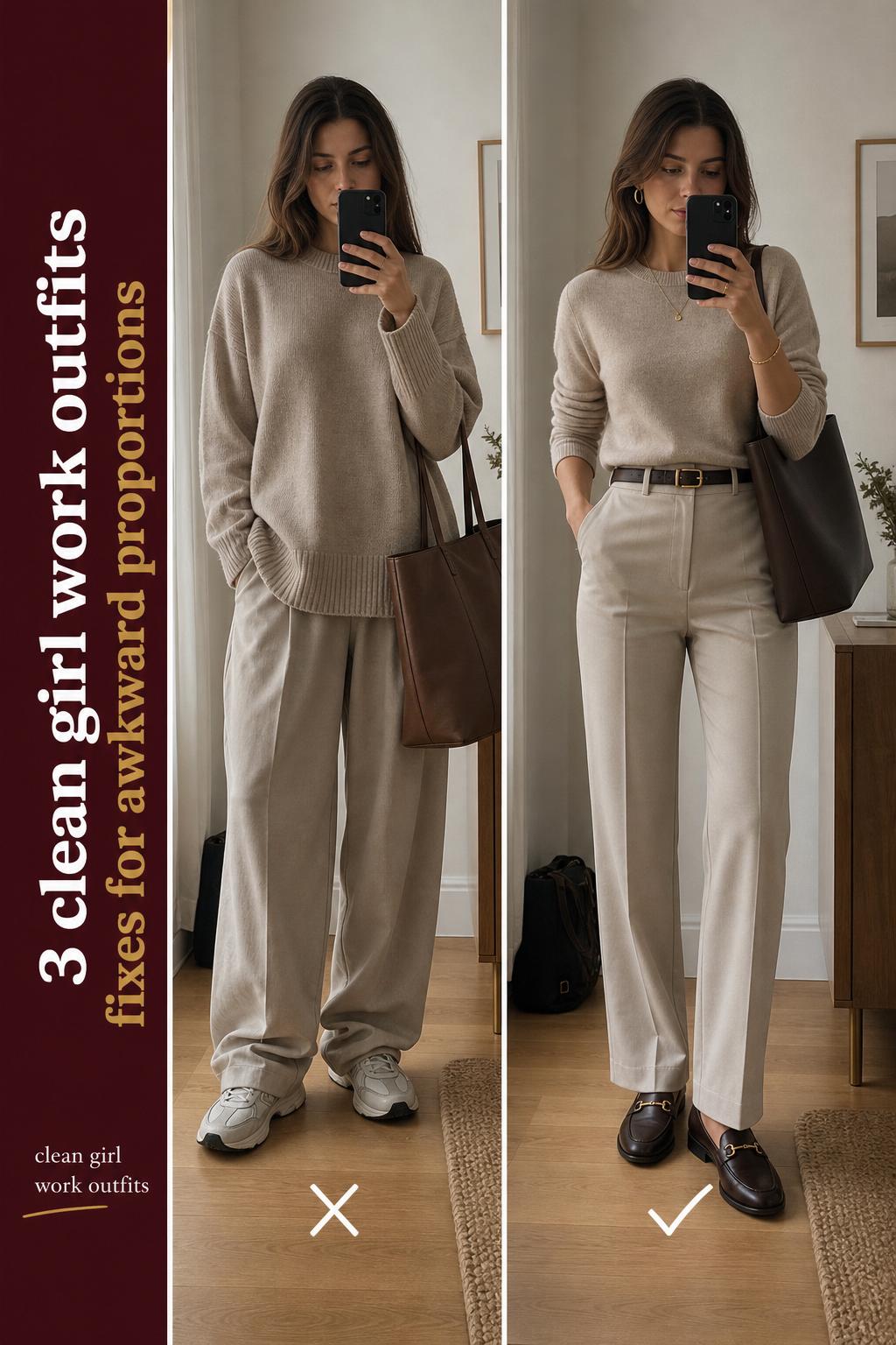 Clean girl work outfits featuring a minimalist blazer, white top, and tailored trousers in a bright office setting.