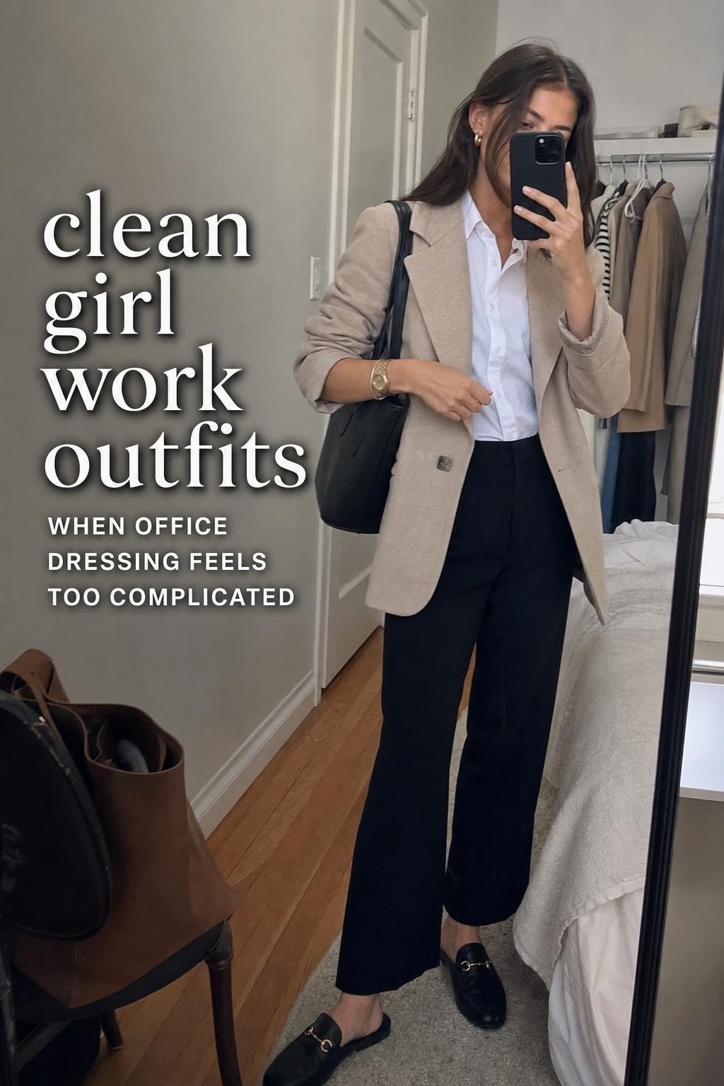 Mirror selfie of a woman in clean girl work outfits with blazer, trousers, knit top and tote in a lived-in apartment hallway