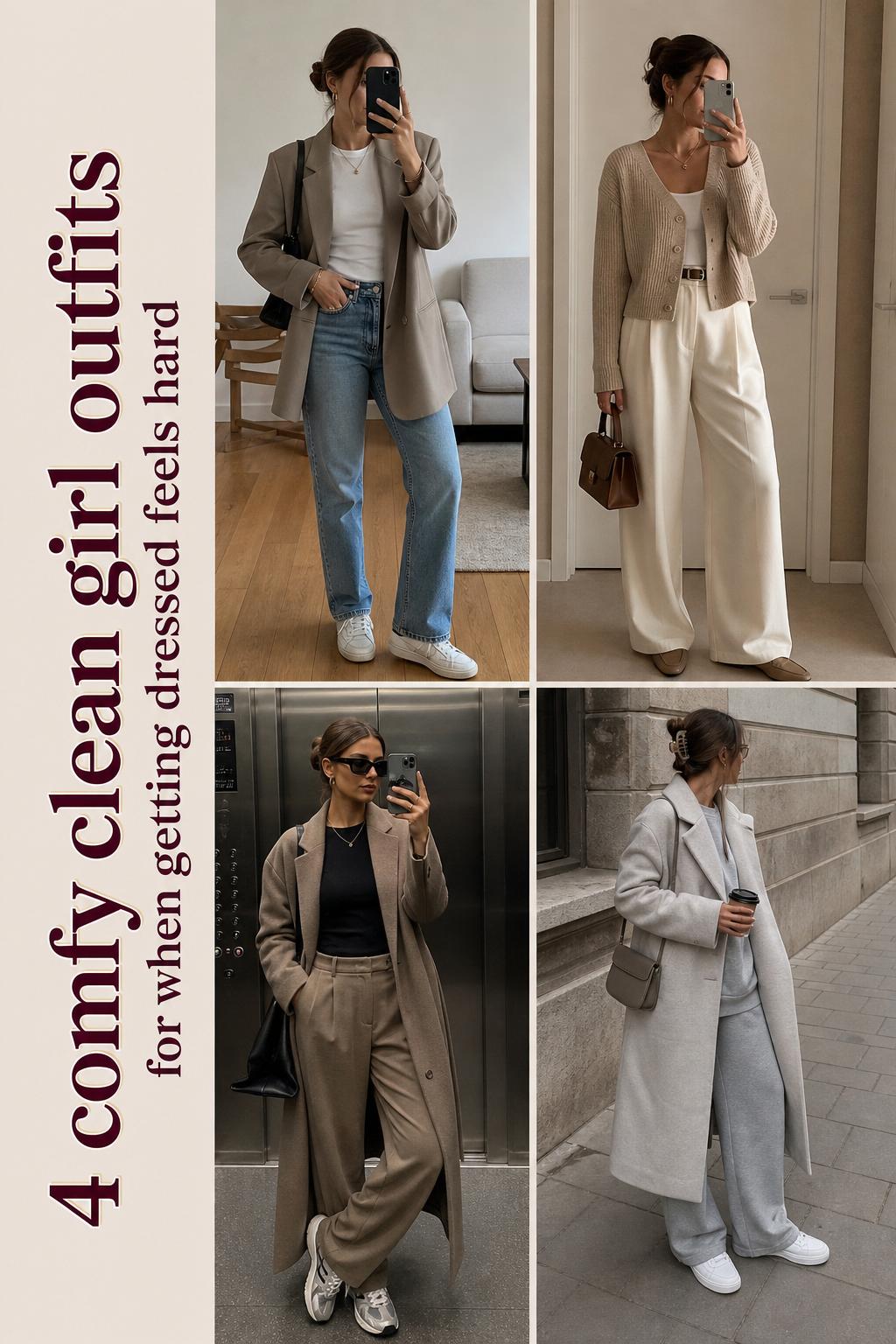 Comfy clean girl outfits collage with 4 neutral looks—tees, blazers, coats, trousers, and sneakers in everyday settings.