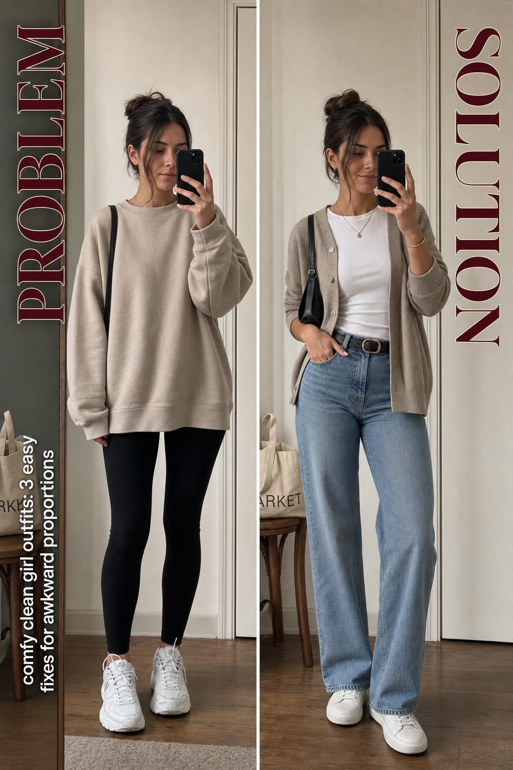 Comfy clean girl outfits laid out on a bed with neutral basics, white sneakers, and gold accessories