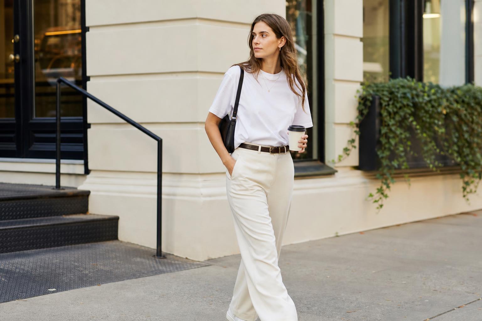 Comfy clean girl outfits with a white tee, straight-leg jeans, neutral cardigan, and white sneakers in soft daylight