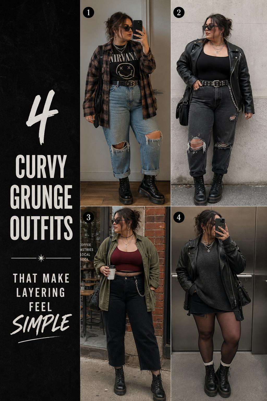 Curvy grunge outfits collage with 4 wearable 90s-inspired looks, flannels, leather jacket, combat boots, and moody layers