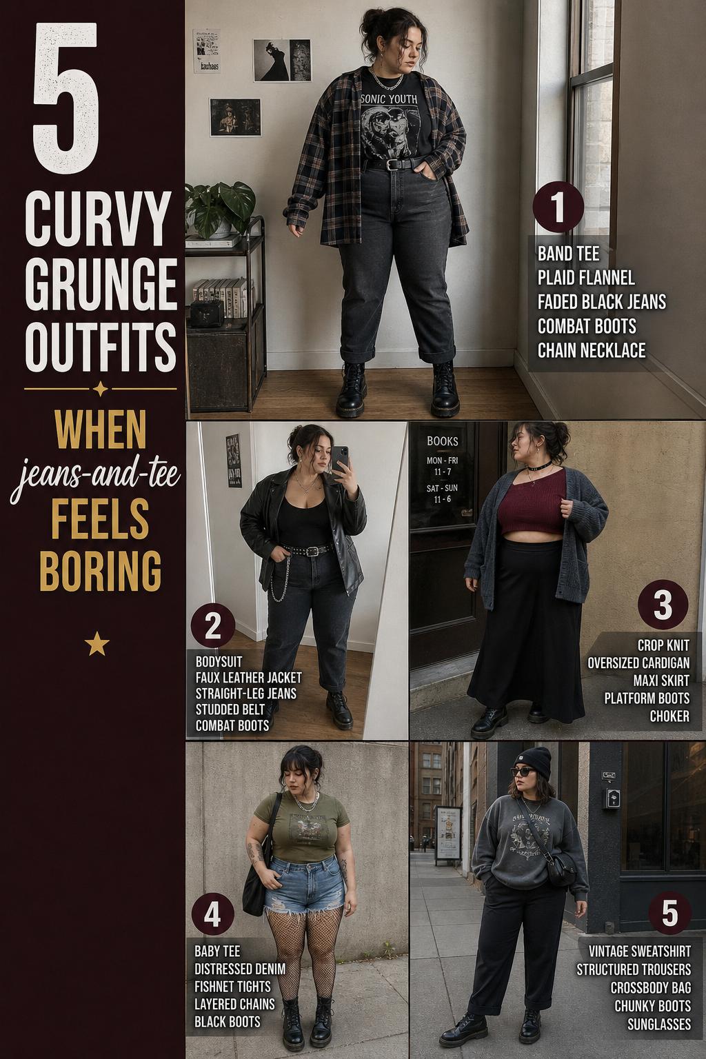 Curvy grunge outfits Pinterest-style checklist with 5 wearable 90s looks featuring flannel, leather, denim, boots and chains