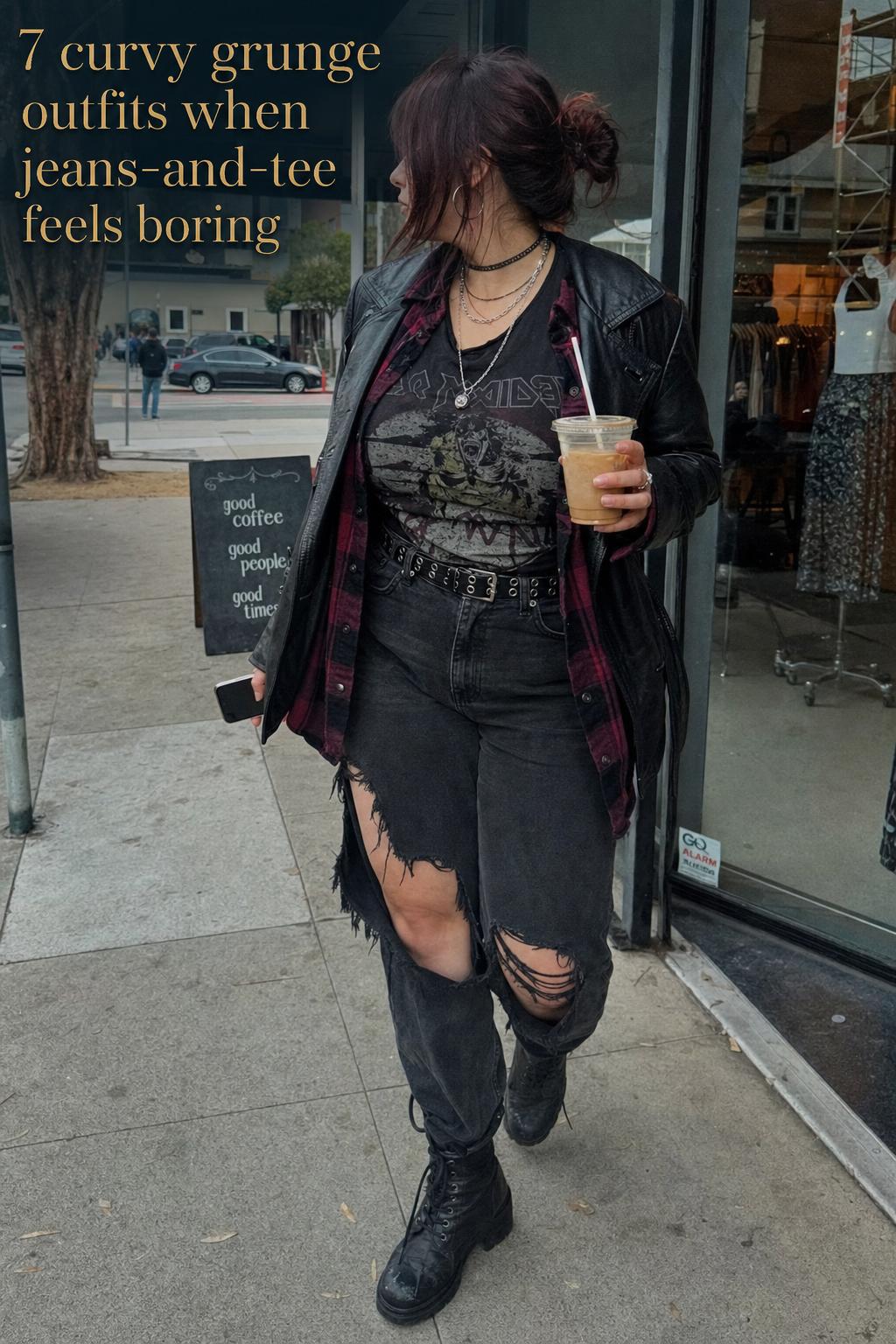 Curvy grunge outfits street style with distressed black jeans, band tee, plaid flannel and leather jacket on a cloudy coffee run