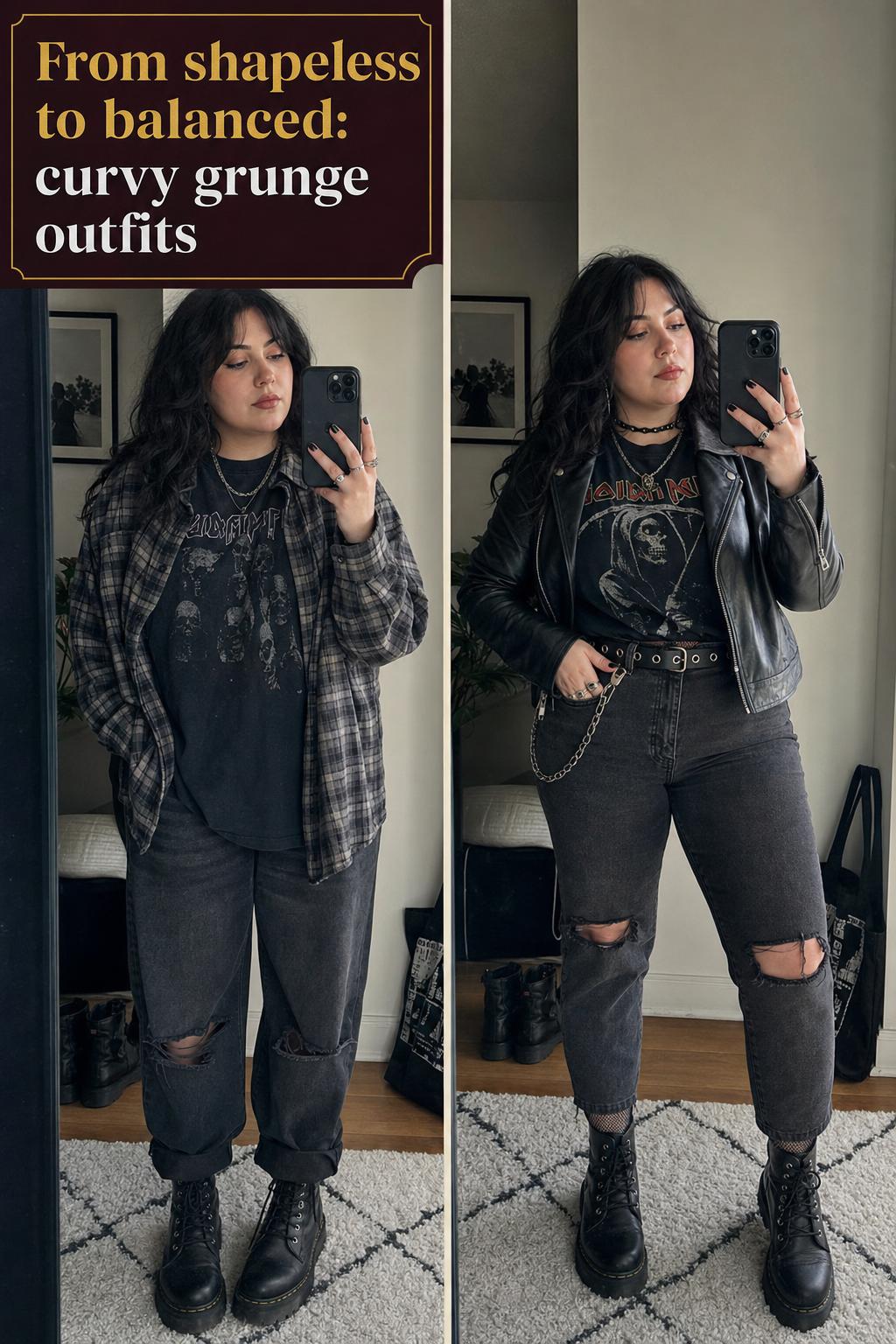 Curvy grunge outfits with layered flannel, band tee, ripped jeans and combat boots in a street-style photo