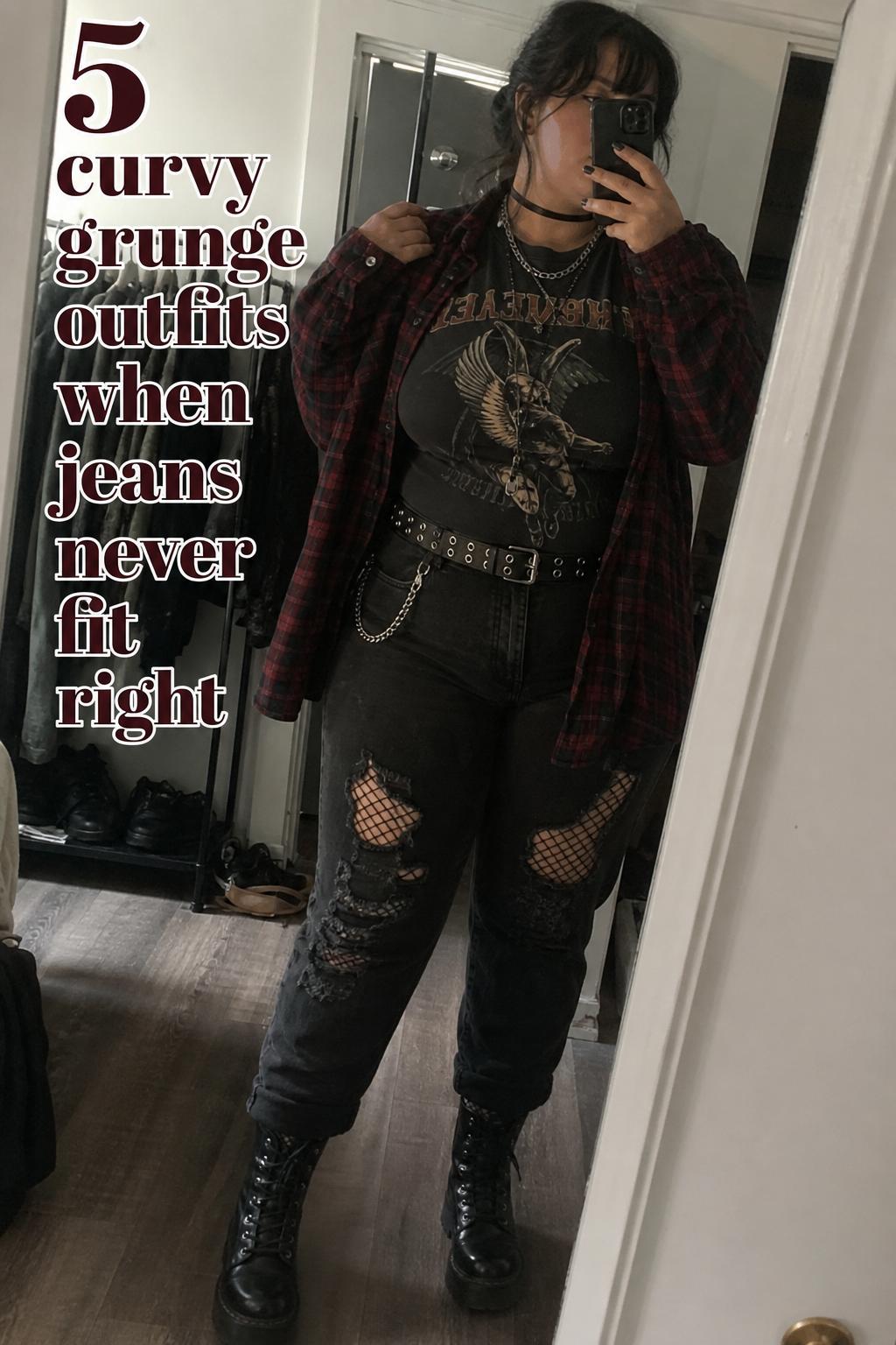 Curvy grunge outfits mirror selfie with plaid flannel, distressed black jeans, combat boots, and layered chains in a messy apartment
