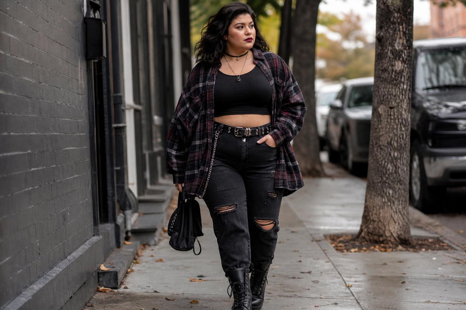 Curvy grunge outfits with a black bodysuit, open plaid flannel, ripped high-waisted jeans, and chunky combat boots in fall