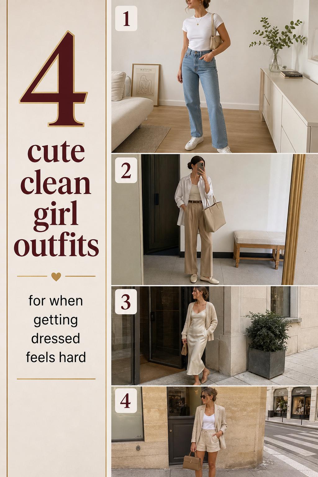 Cute clean girl outfits list with 4 minimalist looks in soft neutrals, styled in everyday settings with readable text overlay.