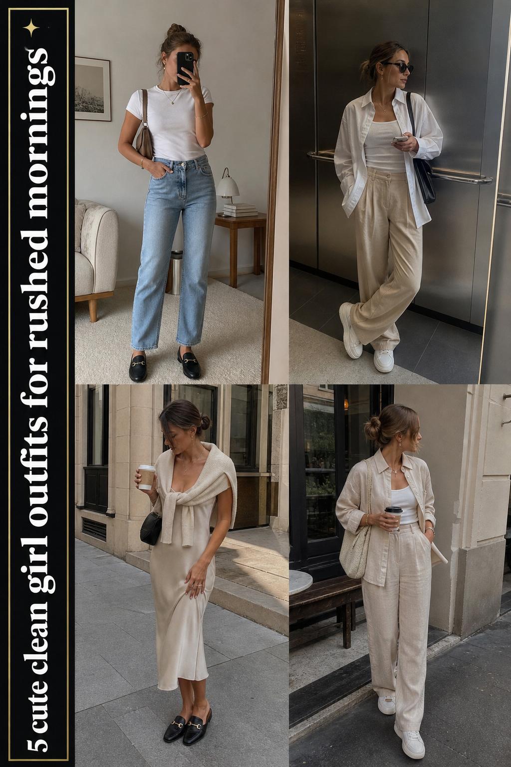 Cute clean girl outfits grid featuring four minimalist neutral looks with denim, linen, and soft knit layers in everyday settings