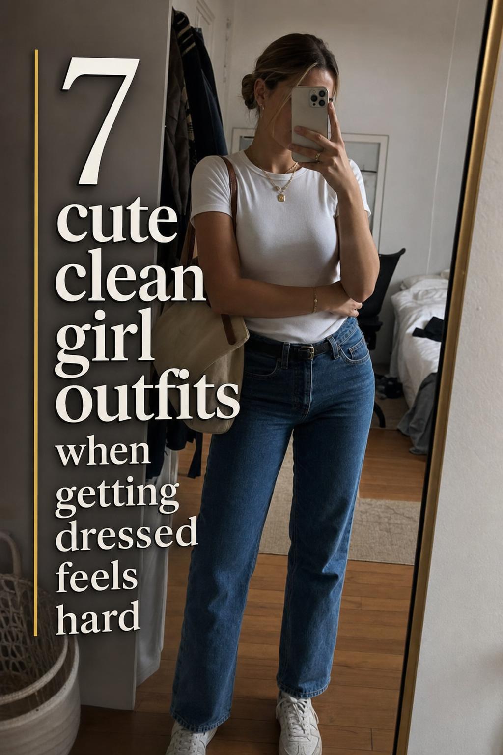 Cute clean girl outfits mirror selfie of woman in white tee and blue jeans in a lived-in apartment hallway with text overlay