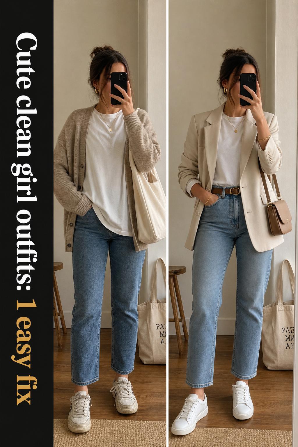 Cute clean girl outfits in a bright minimalist wardrobe with a pastel blazer, white tee, and straight-leg jeans.