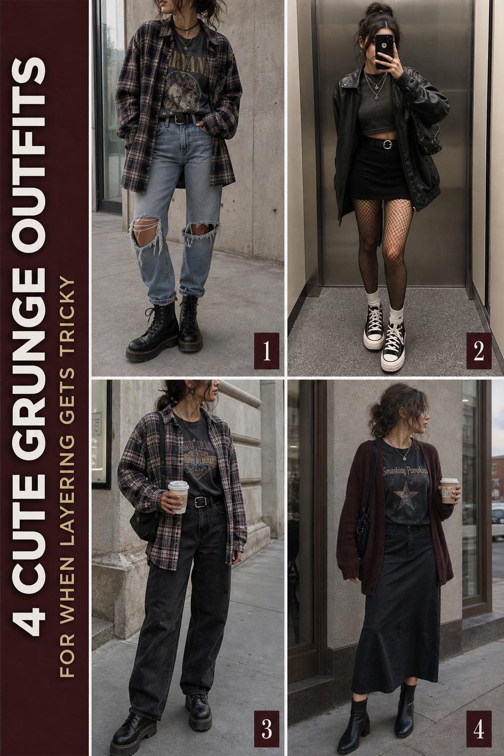 Cute grunge outfits collage featuring 4 wearable 90s-inspired looks with plaid, denim, leather jackets, and boots