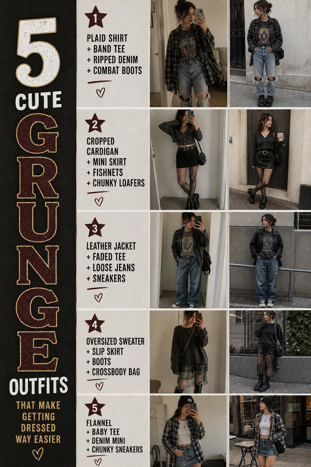 Cute grunge outfits guide with 5 wearable 90s-inspired layered looks in a moody Pinterest-style fashion list photo