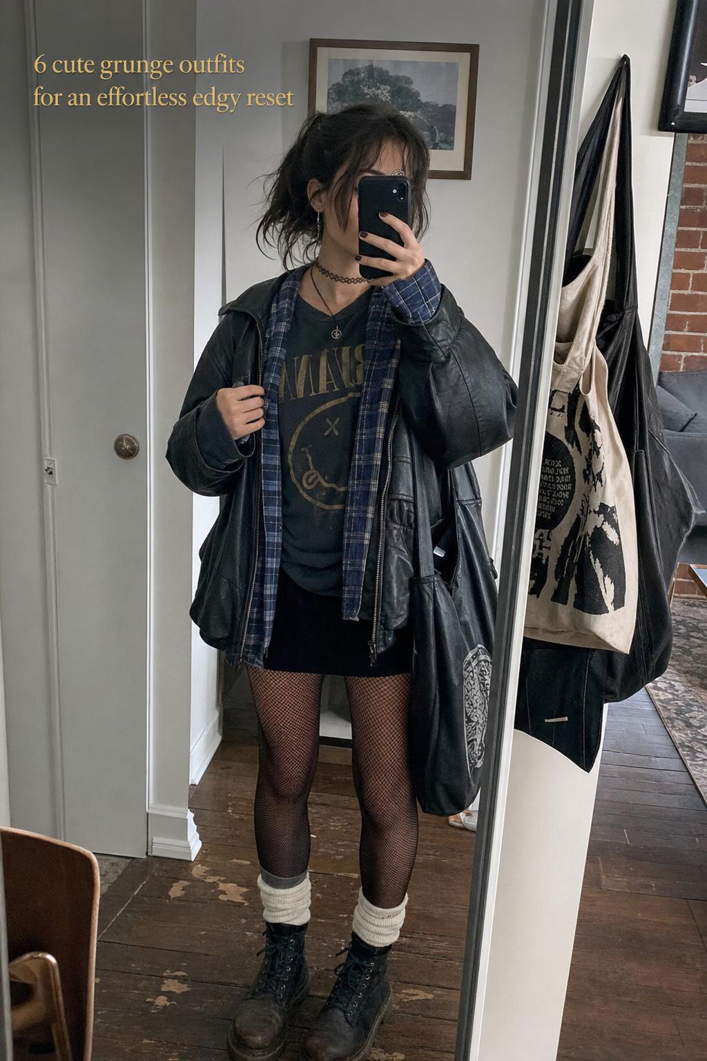Cute grunge outfits mirror selfie in an apartment hallway, plaid flannel, band tee, leather jacket, fishnets and combat boots