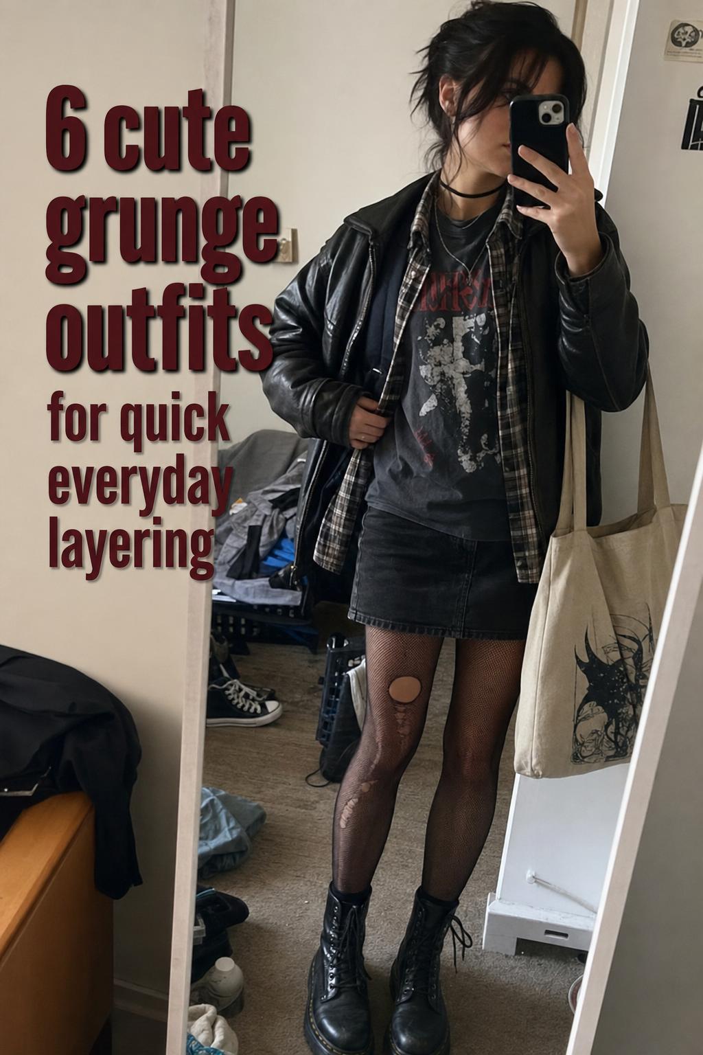 Mirror selfie of a young woman in cute grunge outfits with plaid flannel, band tee, leather jacket, and combat boots