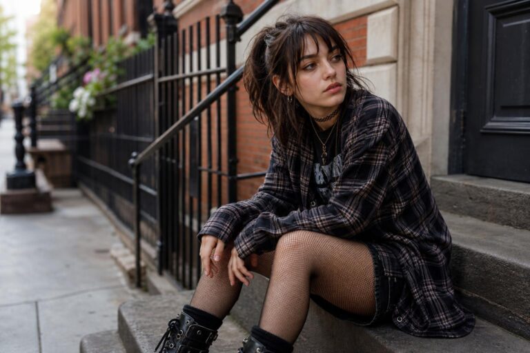 Cute grunge outfits with plaid flannel, band tee, ripped jeans, and combat boots on a city street