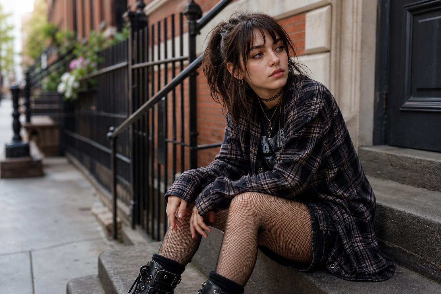Cute grunge outfits with plaid flannel, band tee, ripped jeans, and combat boots on a city street