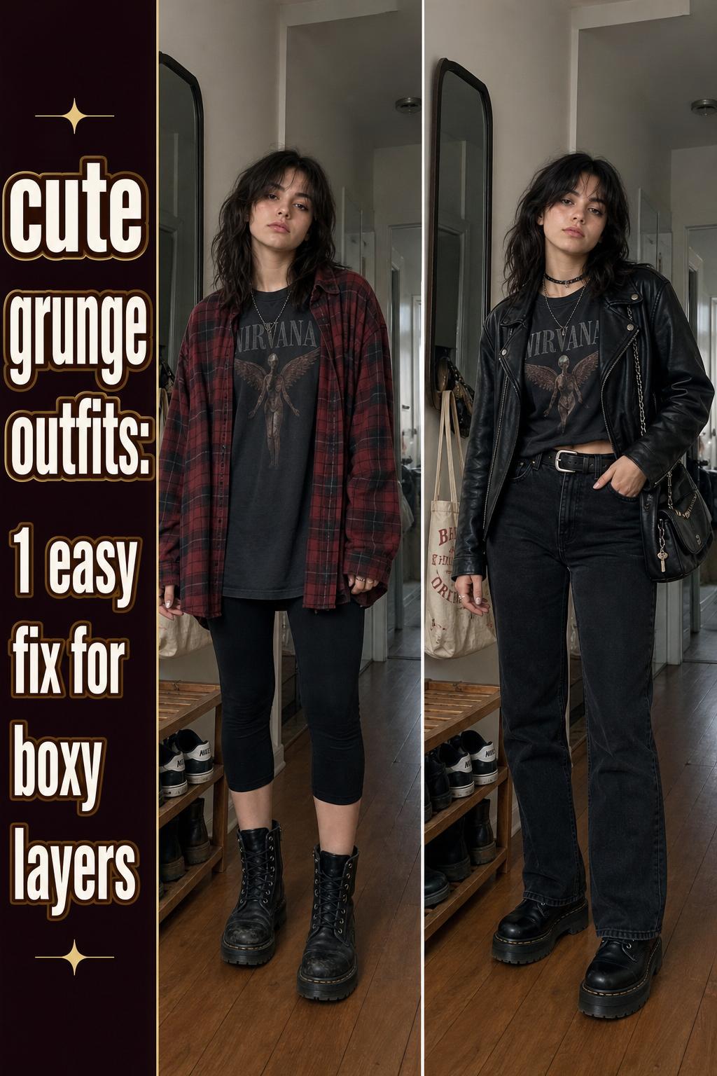 Cute grunge outfits on stylish teens in plaid skirts and oversized band tees, photographed on a city street