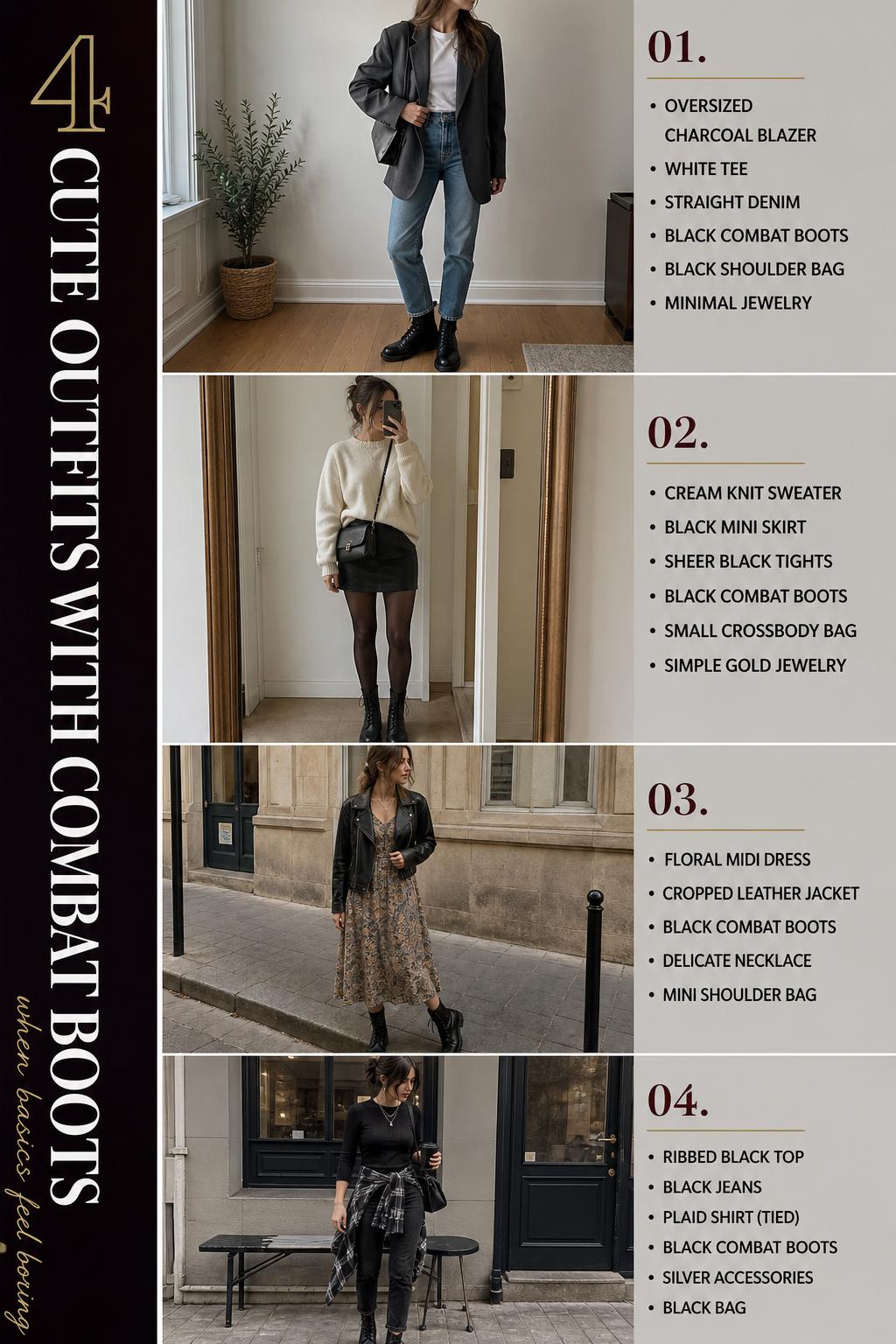 Cute outfits with combat boots checklist featuring four easy urban looks with blazers, knits, dresses, and black lug-sole boots
