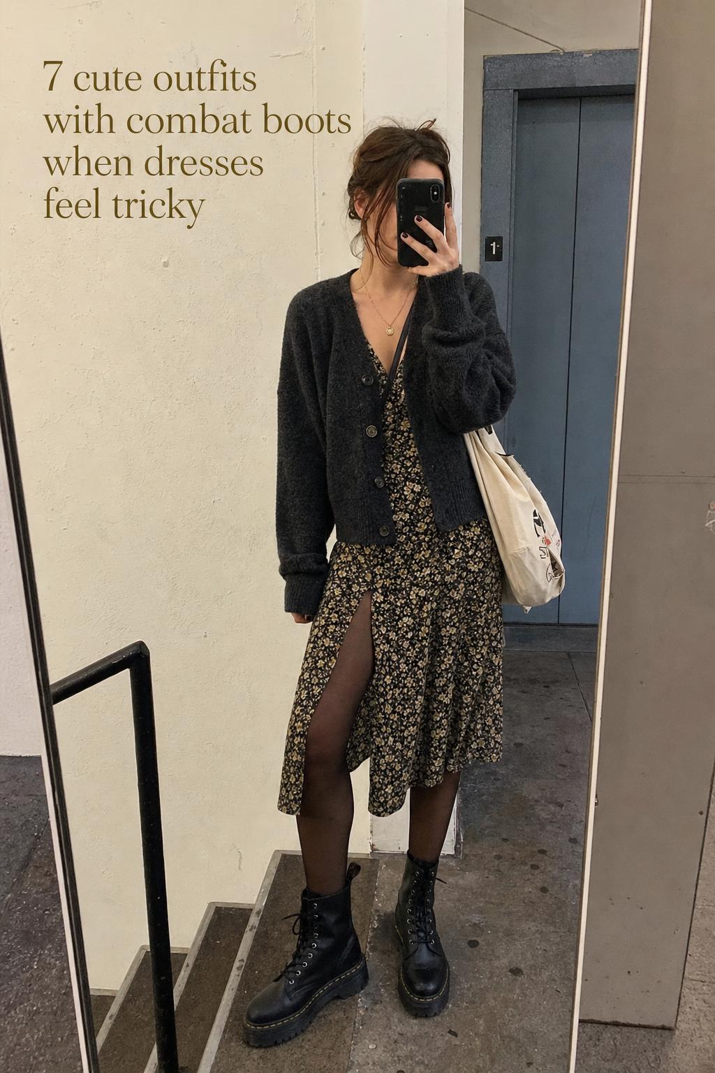 Cute outfits with combat boots featuring a woman in a floral midi dress, charcoal cardigan, and black lug-sole boots on a city sidewalk.