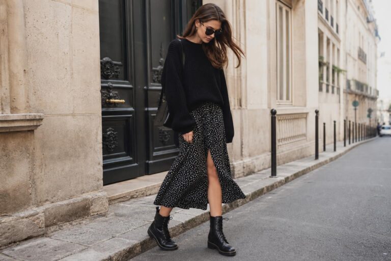 Cute outfits with combat boots styled with a floral midi dress, black tights, and a long coat for city street style.