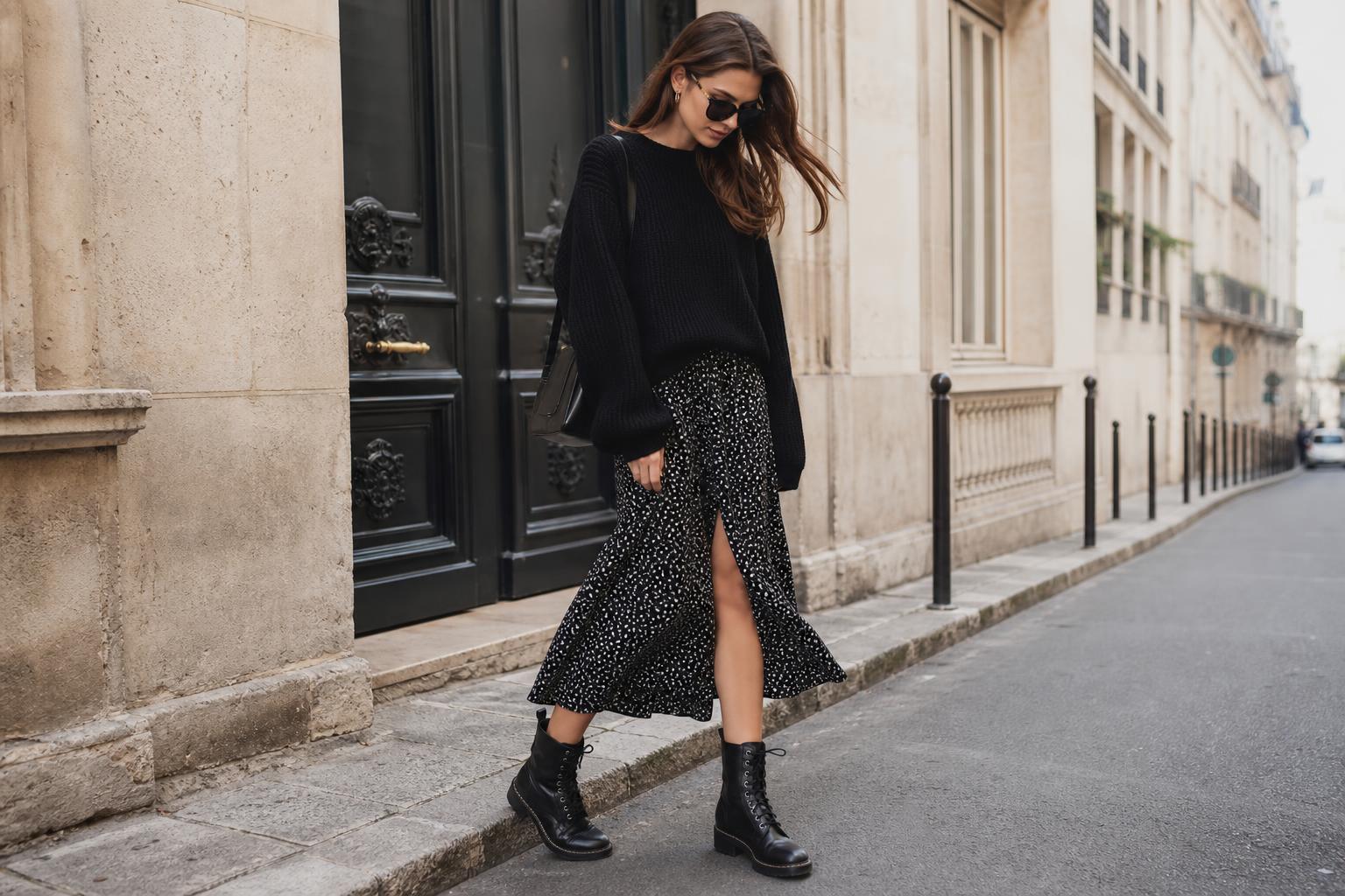 Cute outfits with combat boots styled with a floral midi dress, black tights, and a long coat for city street style.