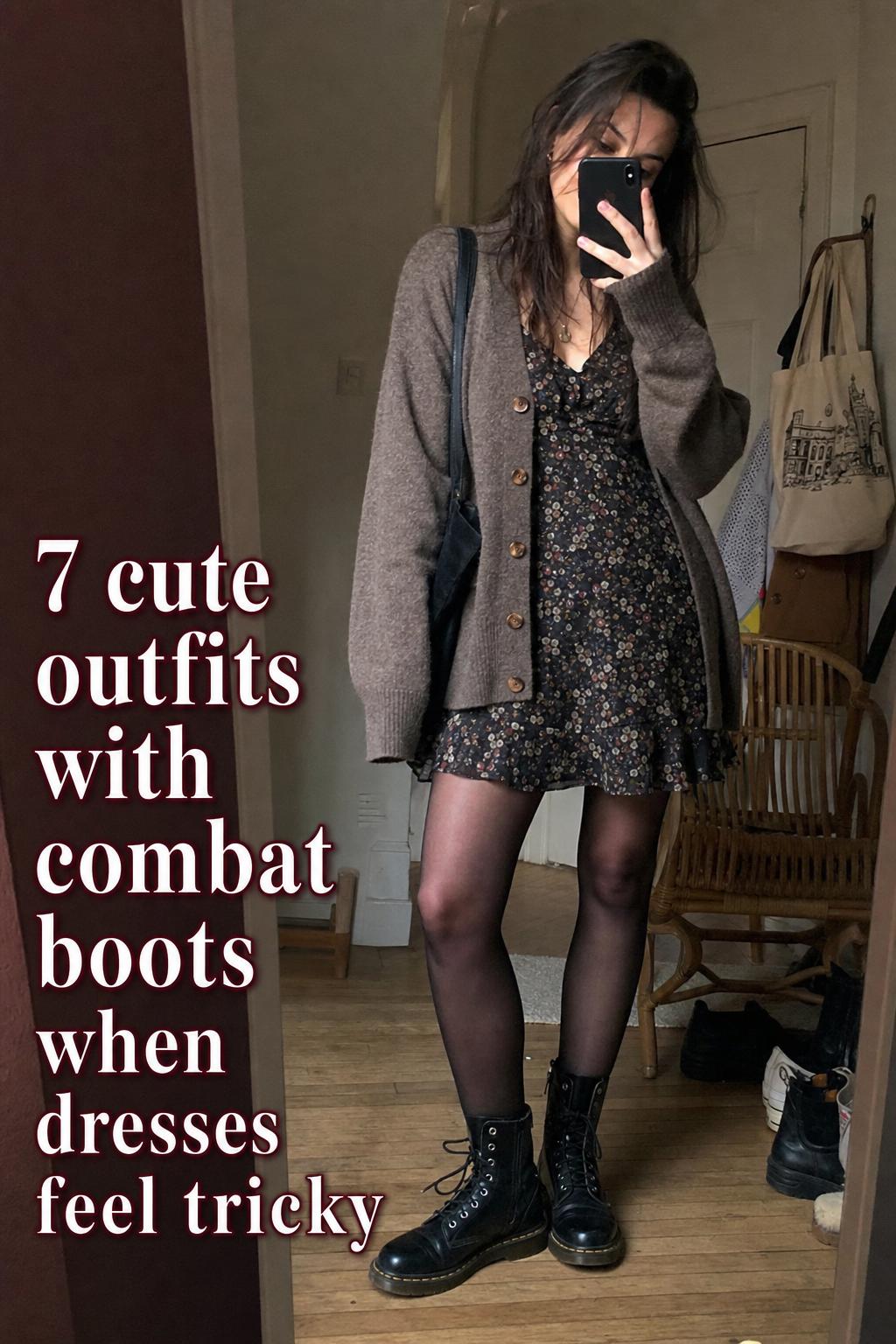 Mirror selfie of cute outfits with combat boots featuring floral mini dress, cardigan, and worn black leather boots in an apartment