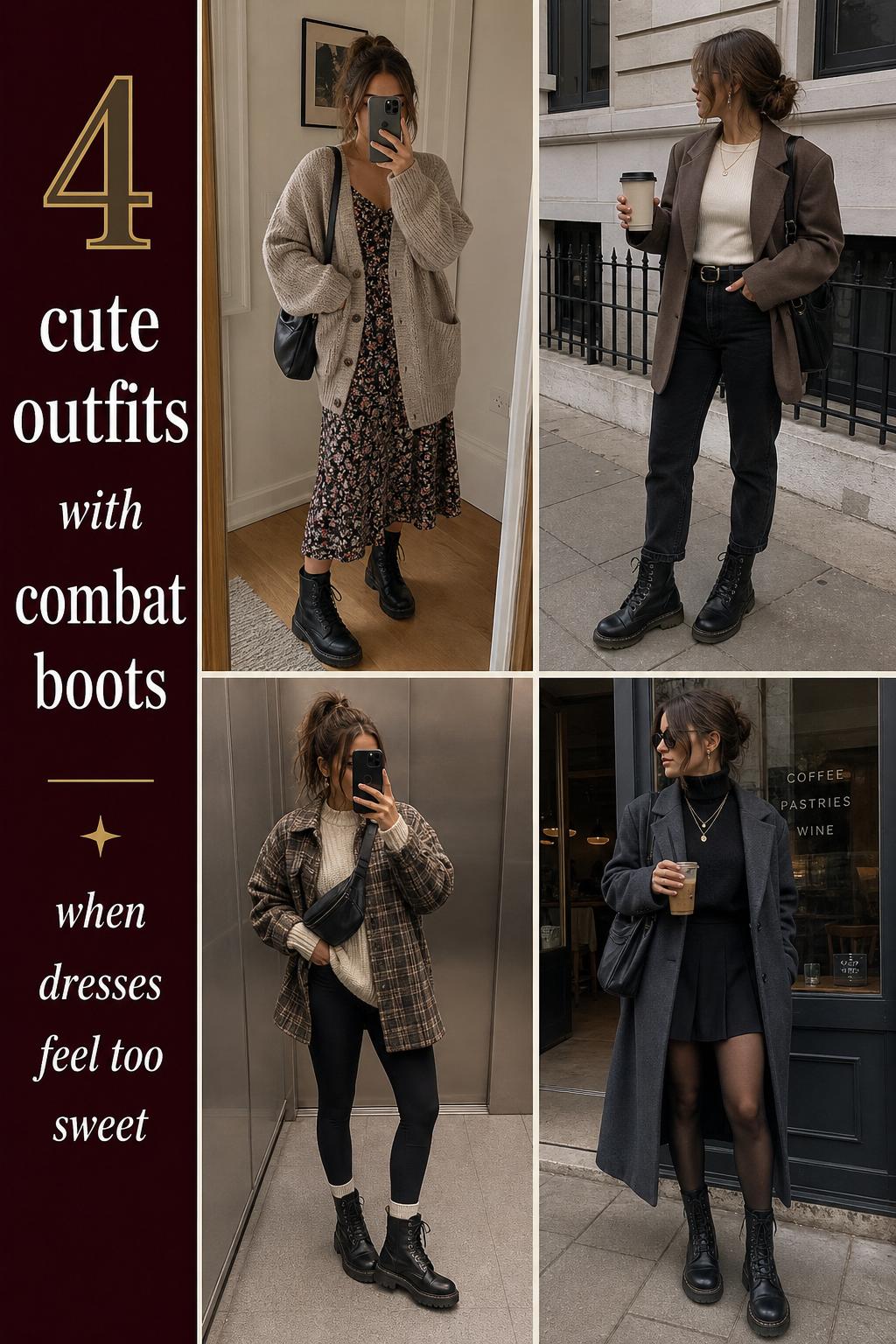 Pinterest outfit grid showing 4 cute outfits with combat boots, including floral dress, blazer look, layering, and monochrome style.