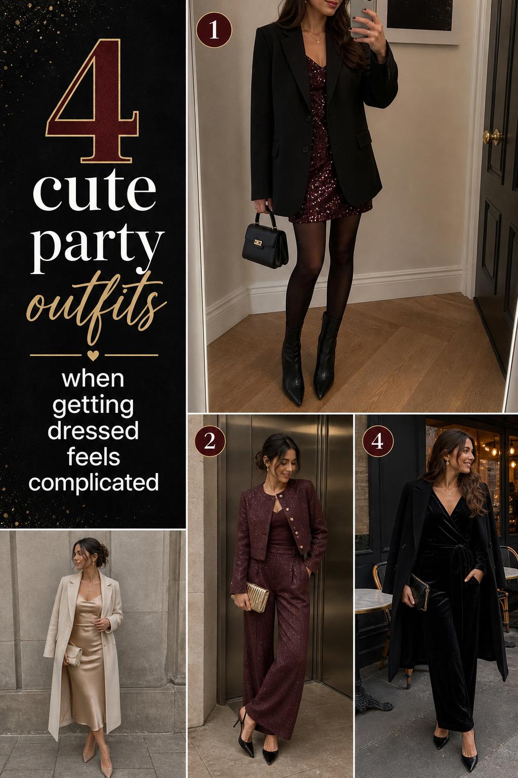 Cute party outfits checklist with four modern looks, featuring blazer over sequin dress, satin midi, shiny set, and velvet style