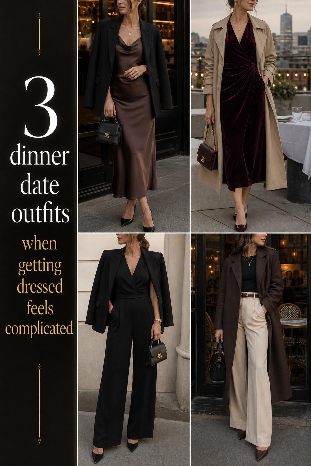 Dinner date outfits grid with four refined evening looks: satin dress, velvet dress, crepe jumpsuit, tailored separates.