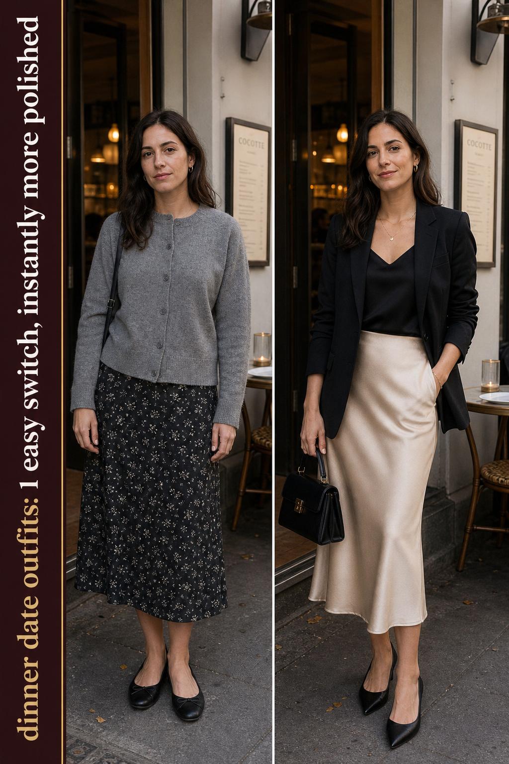 Dinner date outfits styled on a couple in a softly lit restaurant, showcasing elegant evening looks for a romantic night out.
