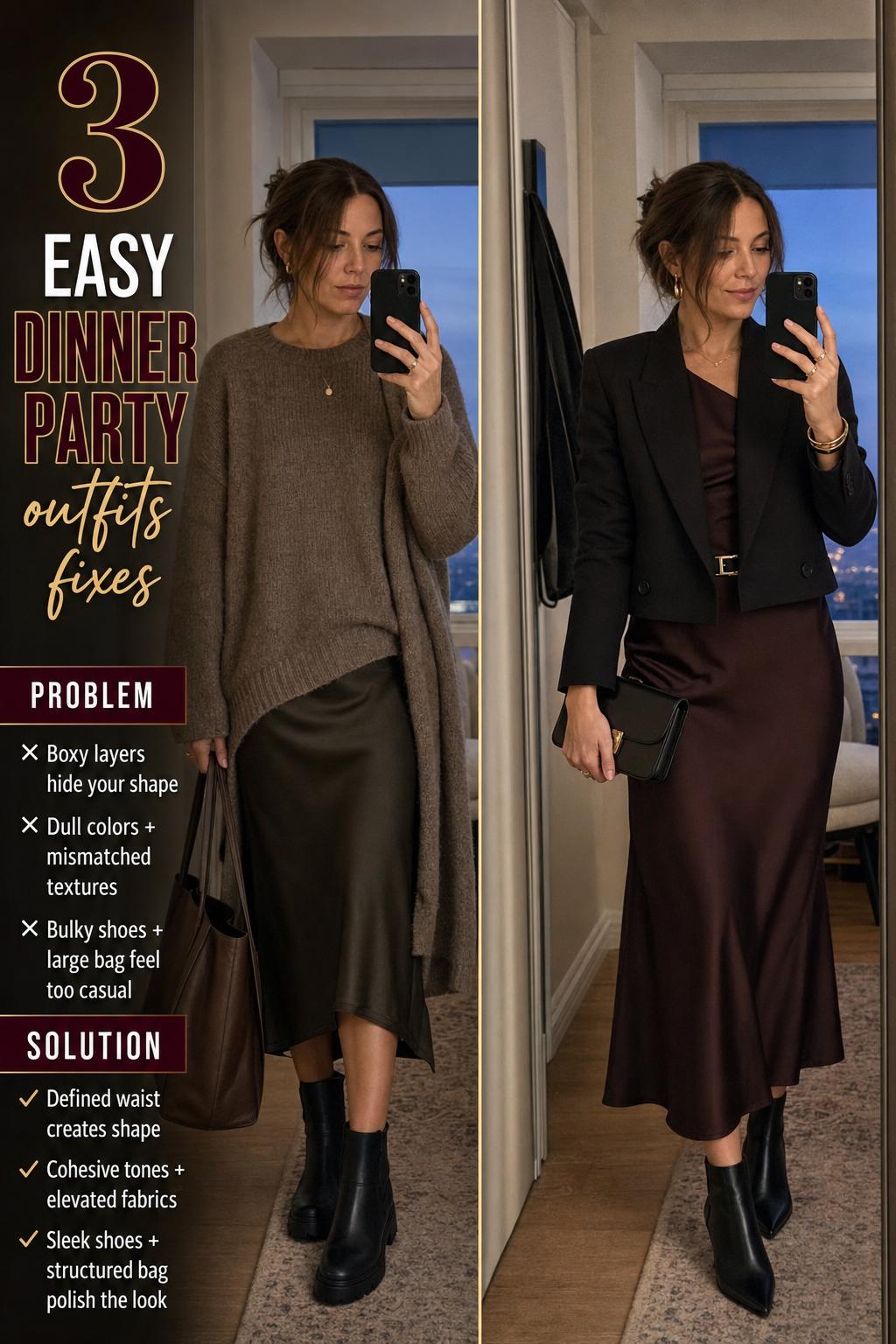 Dinner party outfits on a stylish woman in a chic evening look at a warmly lit table setting