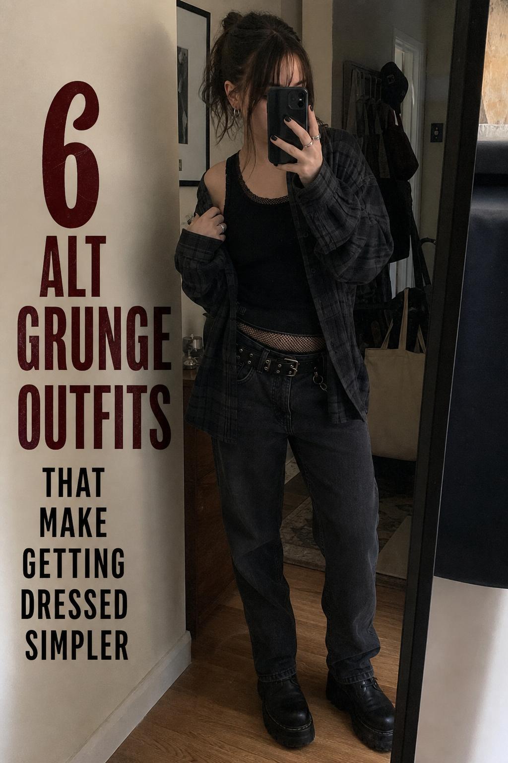 Mirror selfie of a young adult in an apartment hallway wearing easy alt grunge outfits with black tank, flannel, denim and chunky boots