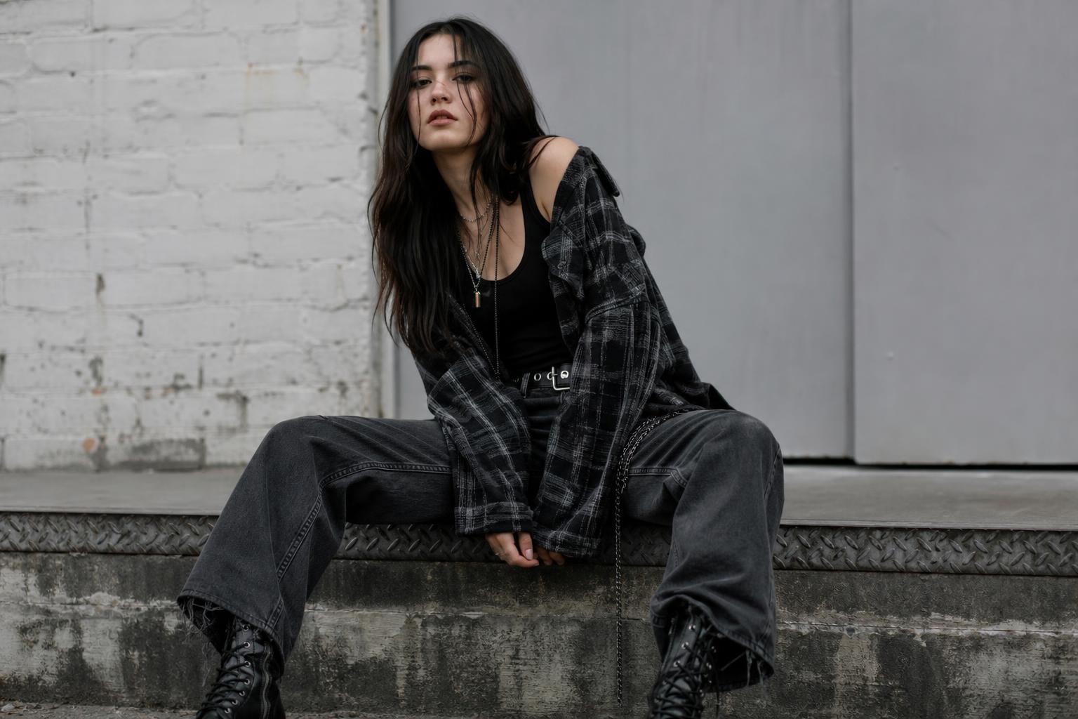 Alt grunge outfits with layered black tee, oversized flannel, straight-leg denim, and chunky boots on a city street